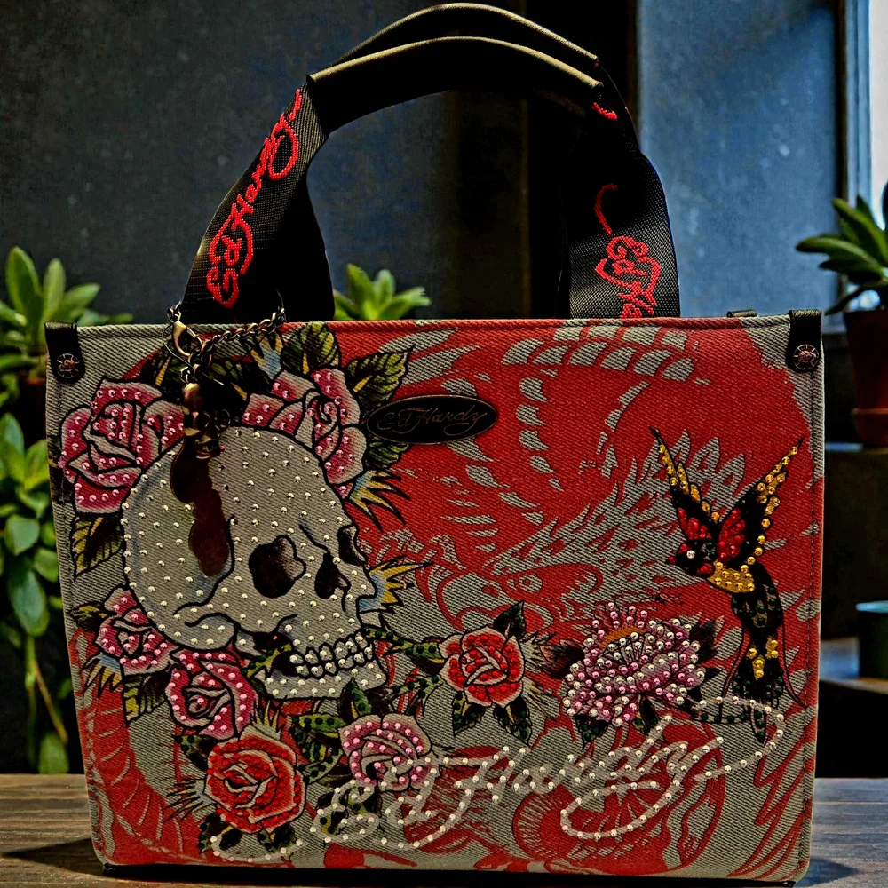 NWT ED HARDY Love Kills Slowly Roses Skull Rhinestone Denim Bag 11"x8.5"x3.5" - Picture 3 of 7